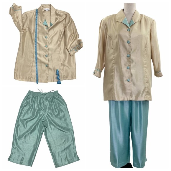 MAGGIE Sweet Champagne & Teal Satin Button Down Top Capri Pants Pajama Set - Picture 1 of 13